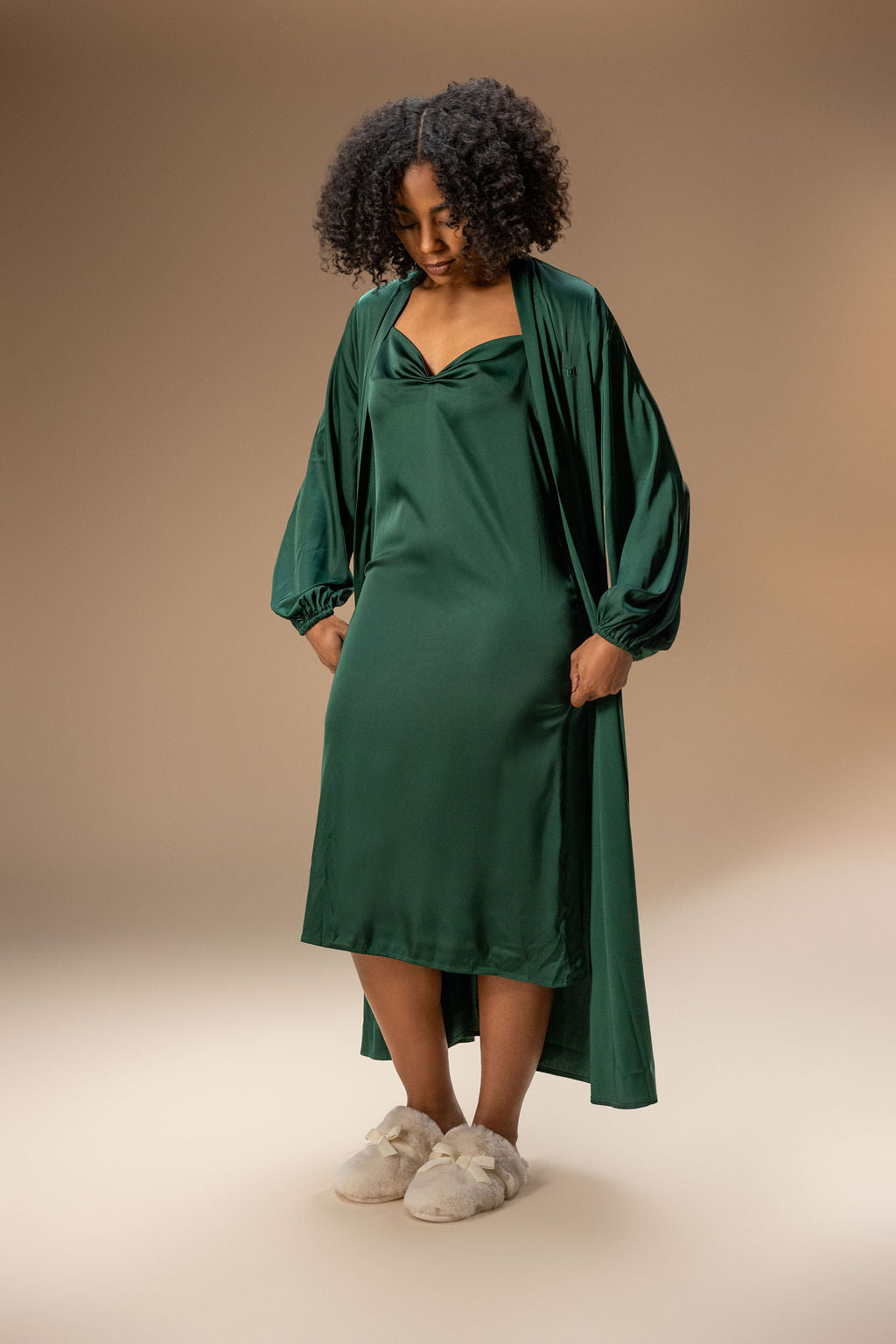 Slip Dress with Balloon Sleeve Robe